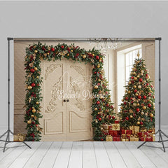Aperturee - Aperturee Elegant Christmas Doorway Photography Backdrop White Doors with Red and Gold Garland Luxury Holiday Background