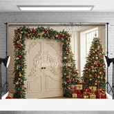 Aperturee - Aperturee Elegant Christmas Doorway Photography Backdrop White Doors with Red and Gold Garland Luxury Holiday Background