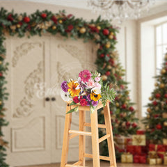 Aperturee - Aperturee Elegant Christmas Doorway Photography Backdrop White Doors with Red and Gold Garland Luxury Holiday Background