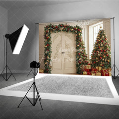 Aperturee - Aperturee Elegant Christmas Doorway Photography Backdrop White Doors with Red and Gold Garland Luxury Holiday Background