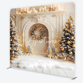 Aperturee - Aperturee Elegant Christmas Fireplace Flocked Trees Golden Ornaments Square Double-Sided Backdrop Festive Winter Holiday Decor.