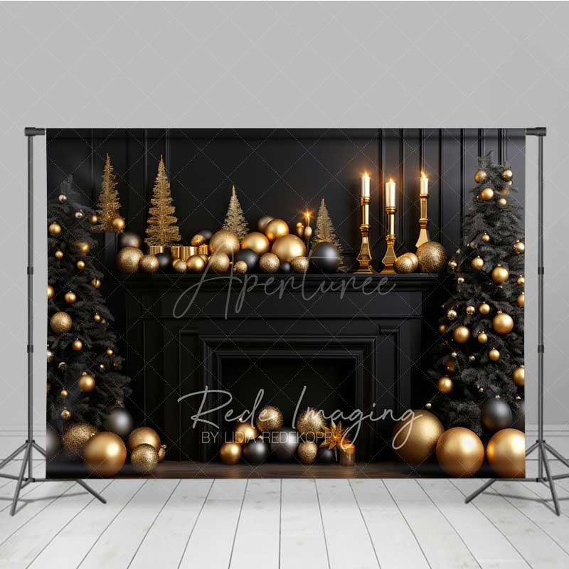 Aperturee - Aperturee Elegant Christmas Fireplace Photography Backdrop Black Mantel with Gold and Black Ornaments Moody Holiday Prop