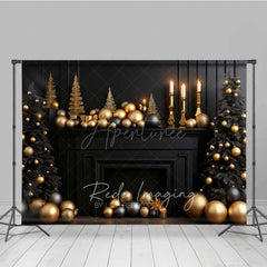 Aperturee - Aperturee Elegant Christmas Fireplace Photography Backdrop Black Mantel with Gold and Black Ornaments Moody Holiday Prop