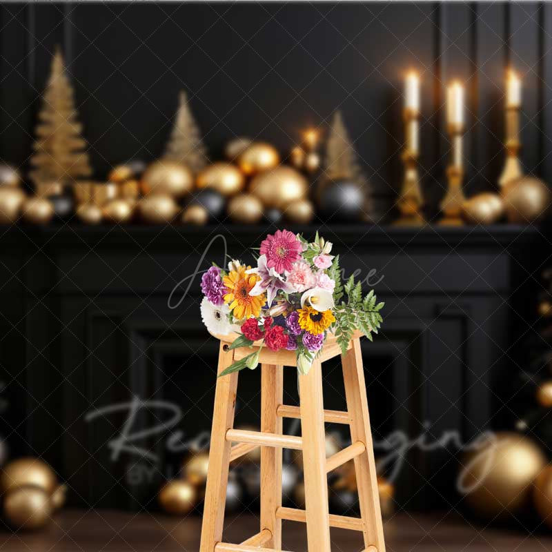 Aperturee - Aperturee Elegant Christmas Fireplace Photography Backdrop Black Mantel with Gold and Black Ornaments Moody Holiday Prop