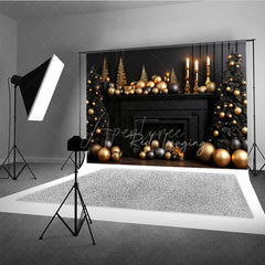 Aperturee - Aperturee Elegant Christmas Fireplace Photography Backdrop Black Mantel with Gold and Black Ornaments Moody Holiday Prop