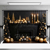 Aperturee - Aperturee Elegant Christmas Fireplace Photography Backdrop Black Mantel with Gold and Black Ornaments Moody Holiday Prop