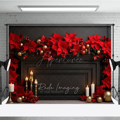 Aperturee Aperturee Elegant Christmas Fireplace Photography Backdrop Black Mantel with Red Poinsettias Holiday Studio Photo Prop