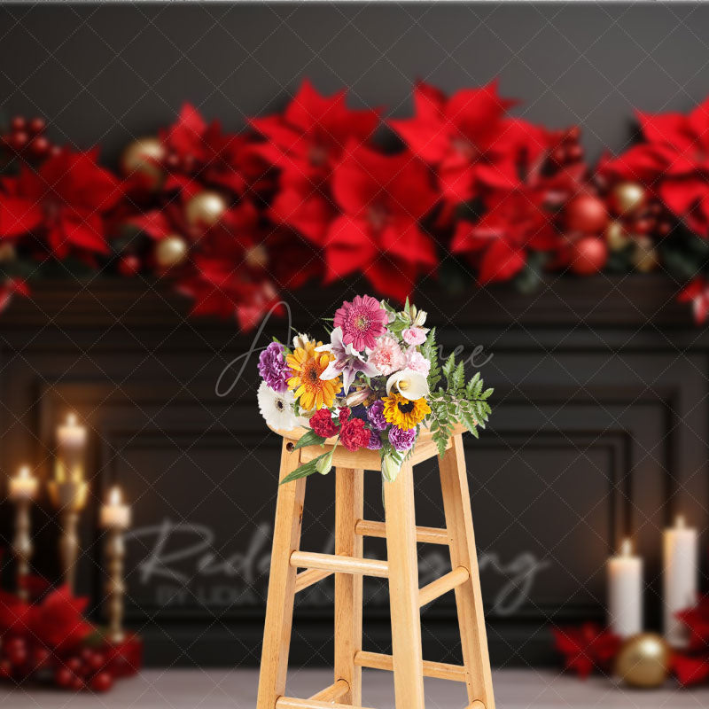 Aperturee Aperturee Elegant Christmas Fireplace Photography Backdrop Black Mantel with Red Poinsettias Holiday Studio Photo Prop
