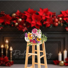 Aperturee Aperturee Elegant Christmas Fireplace Photography Backdrop Black Mantel with Red Poinsettias Holiday Studio Photo Prop