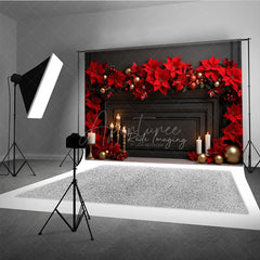 Aperturee Aperturee Elegant Christmas Fireplace Photography Backdrop Black Mantel with Red Poinsettias Holiday Studio Photo Prop