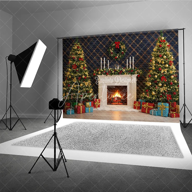 Aperturee - Aperturee Elegant Christmas Fireplace Photography Backdrop Blue Wall with Garland and Trees Holiday Mini Session Background