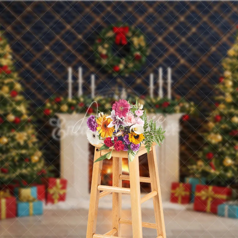 Aperturee - Aperturee Elegant Christmas Fireplace Photography Backdrop Blue Wall with Garland and Trees Holiday Mini Session Background