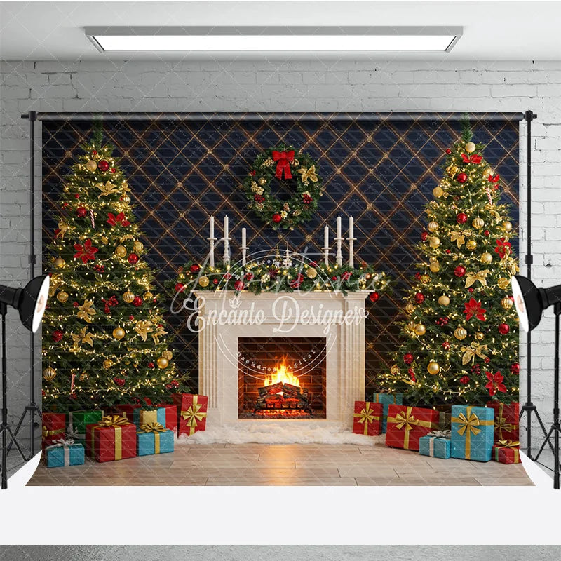 Aperturee - Aperturee Elegant Christmas Fireplace Photography Backdrop Blue Wall with Garland and Trees Holiday Mini Session Background