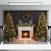 Aperturee - Aperturee Elegant Christmas Fireplace Photography Backdrop Blue Wall with Garland and Trees Holiday Mini Session Background