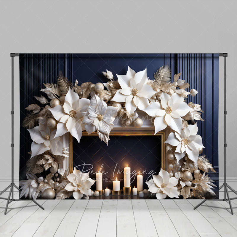 Aperturee Aperturee Elegant Christmas Fireplace Photography Backdrop Gold and White Paper Poinsettias Modern Holiday Studio Prop