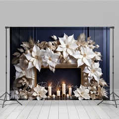 Aperturee Aperturee Elegant Christmas Fireplace Photography Backdrop Gold and White Paper Poinsettias Modern Holiday Studio Prop