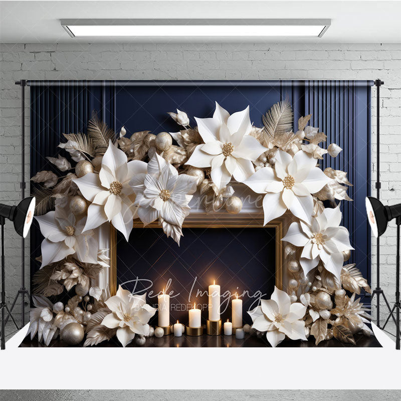 Aperturee Aperturee Elegant Christmas Fireplace Photography Backdrop Gold and White Paper Poinsettias Modern Holiday Studio Prop