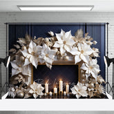 Aperturee Aperturee Elegant Christmas Fireplace Photography Backdrop Gold and White Paper Poinsettias Modern Holiday Studio Prop