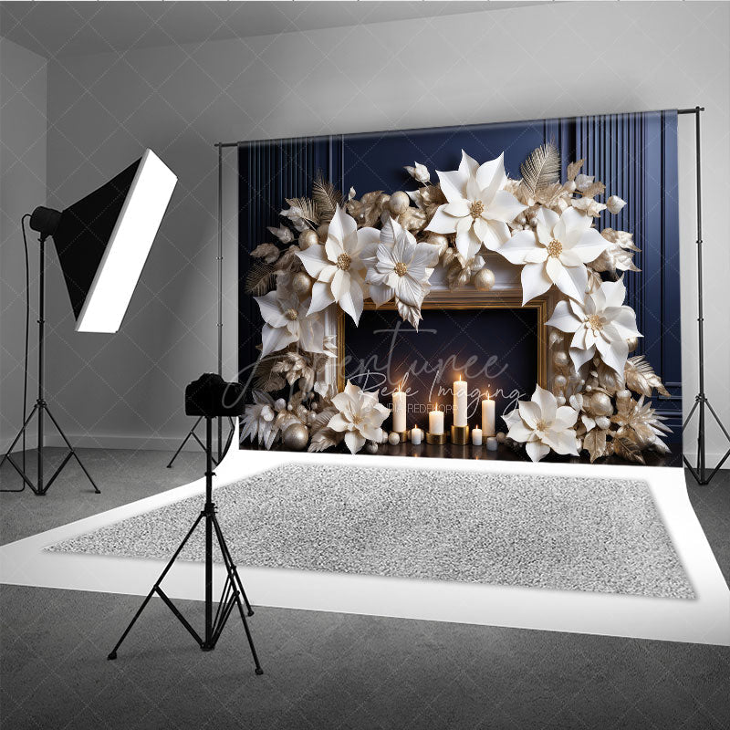 Aperturee Aperturee Elegant Christmas Fireplace Photography Backdrop Gold and White Paper Poinsettias Modern Holiday Studio Prop