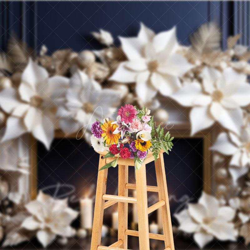 Aperturee Aperturee Elegant Christmas Fireplace Photography Backdrop Gold and White Paper Poinsettias Modern Holiday Studio Prop