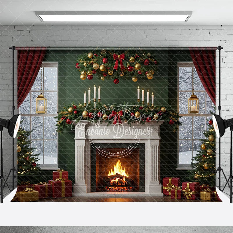 Aperturee - Aperturee Elegant Christmas Fireplace Photography Backdrop Green Wall with Red Curtains Classic Holiday Mini Session Background