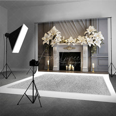 Aperturee Aperturee Elegant Christmas Fireplace Photography Backdrop White Poinsettia Garland Classic Holiday Mantel Studio Prop