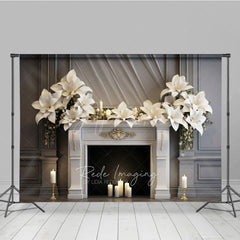 Aperturee Aperturee Elegant Christmas Fireplace Photography Backdrop White Poinsettia Garland Classic Holiday Mantel Studio Prop