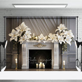 Aperturee Aperturee Elegant Christmas Fireplace Photography Backdrop White Poinsettia Garland Classic Holiday Mantel Studio Prop
