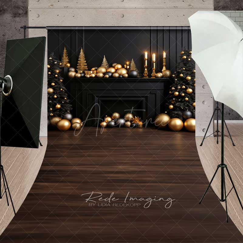 Aperturee - Aperturee Elegant Christmas Fireplace Sweep Photo Backdrop Black Mantel with Gold Ornaments Luxury Holiday Photo Prop