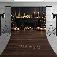 Aperturee - Aperturee Elegant Christmas Fireplace Sweep Photo Backdrop Black Mantel with Gold Ornaments Luxury Holiday Photo Prop