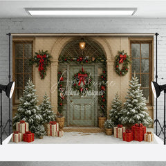 Aperturee - Aperturee Elegant Christmas Front Door Photography Backdrop Green Door with Wreaths Snowy Holiday Photo Background