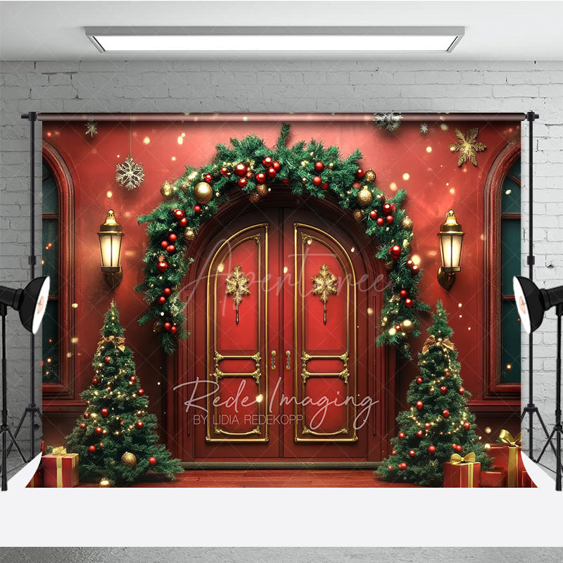 Aperturee Aperturee Elegant Christmas Front Door Photography Backdrop Red Doors with Garland and Trees Holiday Welcome Home Photo Prop