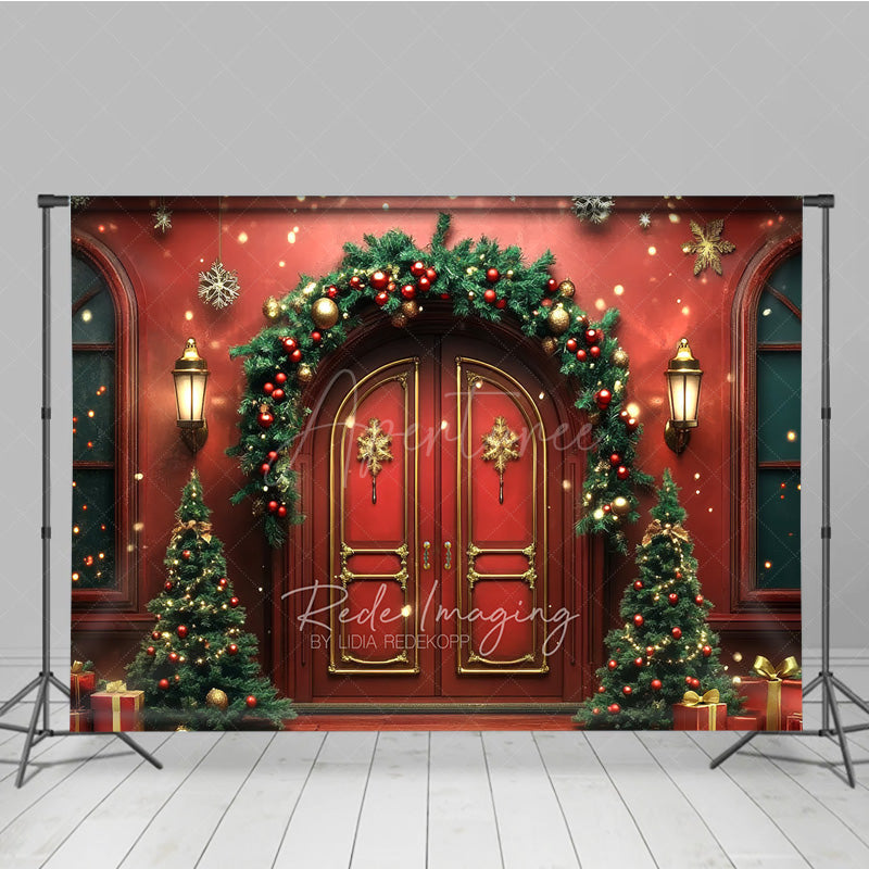 Aperturee Aperturee Elegant Christmas Front Door Photography Backdrop Red Doors with Garland and Trees Holiday Welcome Home Photo Prop