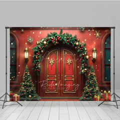 Aperturee Aperturee Elegant Christmas Front Door Photography Backdrop Red Doors with Garland and Trees Holiday Welcome Home Photo Prop