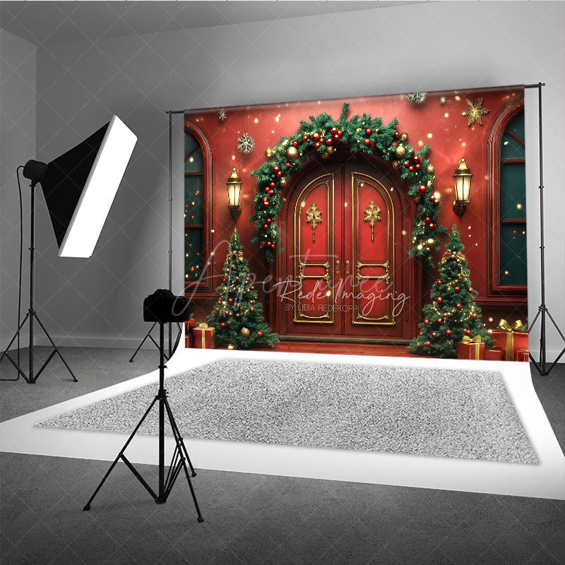 Aperturee Aperturee Elegant Christmas Front Door Photography Backdrop Red Doors with Garland and Trees Holiday Welcome Home Photo Prop