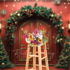 Aperturee Aperturee Elegant Christmas Front Door Photography Backdrop Red Doors with Garland and Trees Holiday Welcome Home Photo Prop