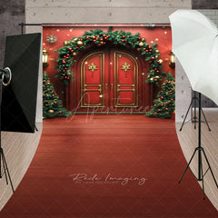 Aperturee Aperturee Elegant Christmas Front Door Sweep Photo Backdrop Red Doors with Garland and Trees Holiday Welcome Home Prop