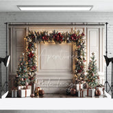 Aperturee - Aperturee Elegant Christmas Garland Arch Photography Backdrop White Wall with Trees Holiday Mini Session Background