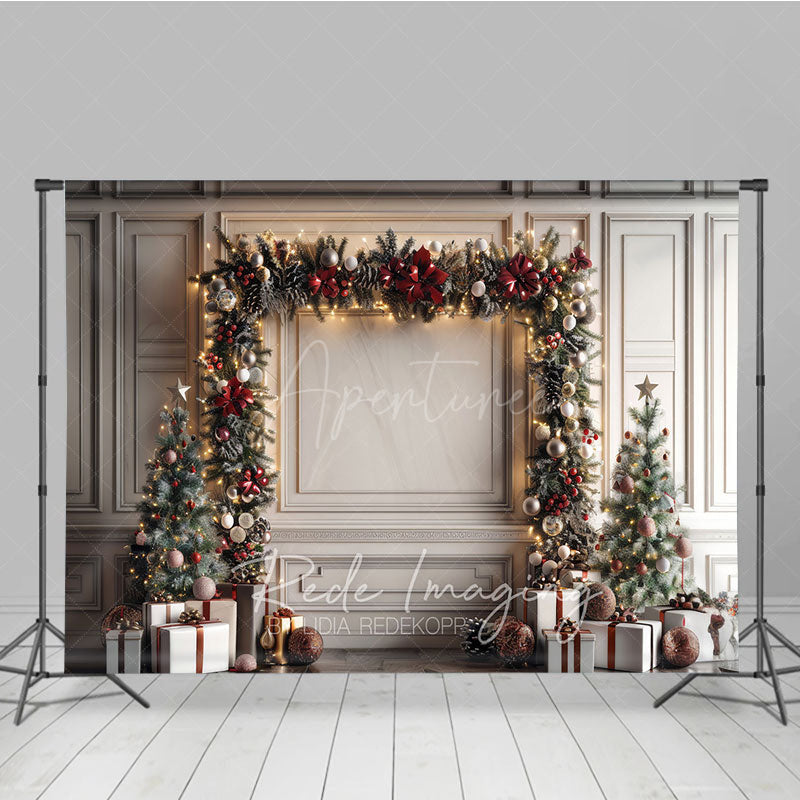 Aperturee - Aperturee Elegant Christmas Garland Arch Photography Backdrop White Wall with Trees Holiday Mini Session Background