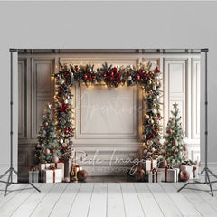 Aperturee - Aperturee Elegant Christmas Garland Arch Photography Backdrop White Wall with Trees Holiday Mini Session Background