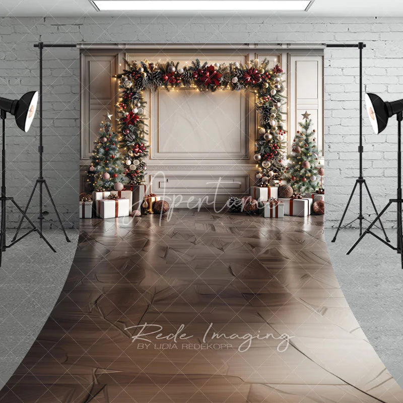 Aperturee - Aperturee Elegant Christmas Garland Arch Sweep Backdrop White Wall with Parquet Floor Holiday Mini Session Floor Drop