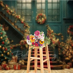 Aperturee - Aperturee Elegant Christmas Grand Staircase Photography Backdrop Red and Gold Garland Holiday Ballroom Photo Background