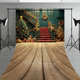 Aperturee - Aperturee Elegant Christmas Grand Staircase Sweep Backdrop Red and Gold Garland Holiday Ballroom Photo Studio Floor Drop