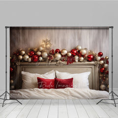 Aperturee Aperturee Elegant Christmas Headboard Photography Backdrop Red and Silver Ornaments with Berries Holiday Bedroom Photo Prop