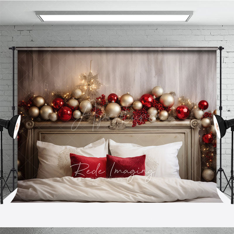 Aperturee Aperturee Elegant Christmas Headboard Photography Backdrop Red and Silver Ornaments with Berries Holiday Bedroom Photo Prop