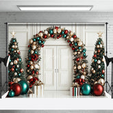 Aperturee - Aperturee Elegant Christmas Holiday Backdrop featuring Archway Garland Decorated Trees and Festive Red Gold Teal Ornaments.