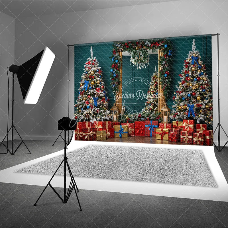 Aperturee - Aperturee Elegant Christmas Mirror Photography Backdrop Red and Blue Ornaments with Garland Classic Holiday Photo Background