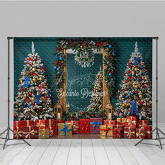 Aperturee - Aperturee Elegant Christmas Mirror Photography Backdrop Red and Blue Ornaments with Garland Classic Holiday Photo Background