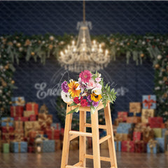Aperturee - Aperturee Elegant Christmas Photography Backdrop Dark Blue Wall with Garland and Presents Luxury Holiday Photo Background