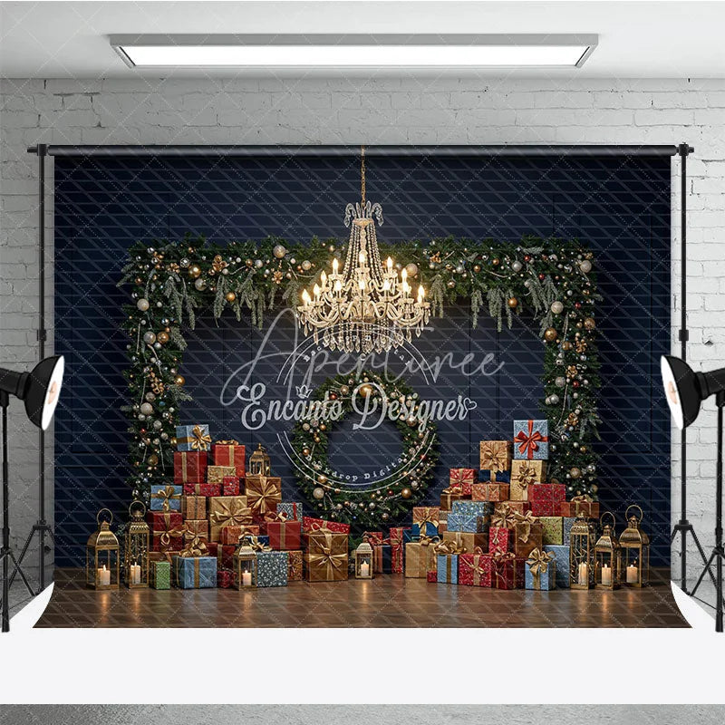 Aperturee - Aperturee Elegant Christmas Photography Backdrop Dark Blue Wall with Garland and Presents Luxury Holiday Photo Background
